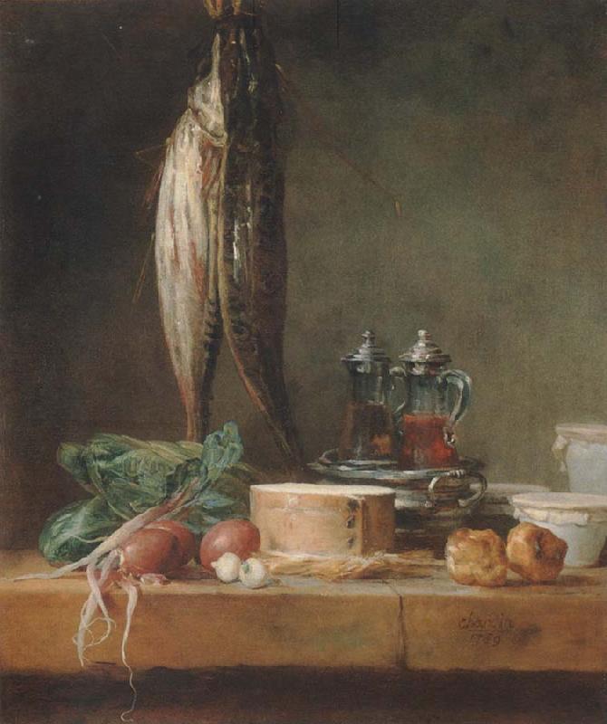Jean Baptiste Simeon Chardin Style life with fish, Grunzeug, Gougeres shot el as well as oil and vinegar pennant on a table oil painting image